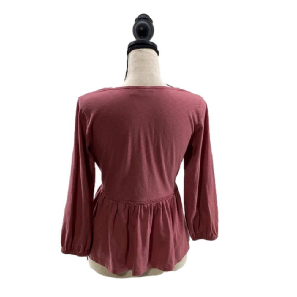 SO Women’s Peplum Blouse Pink Embroidered Lace V-Neck Empire Waist 3/4 Sleeves—S - Picture 3 of 13